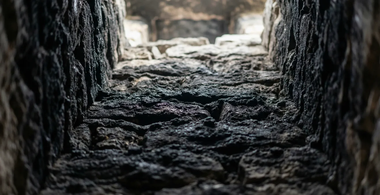 Vue intérieure d'un conduit de cheminée encrassé avec dépôts de suie noire