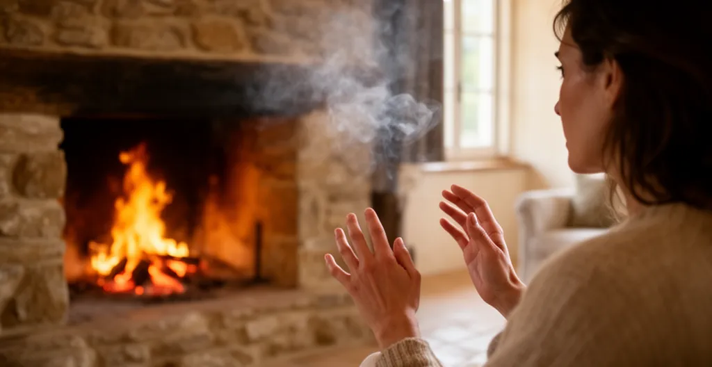 Foyer de cheminée en fonctionnement avec légère fumée refoulant dans le salon