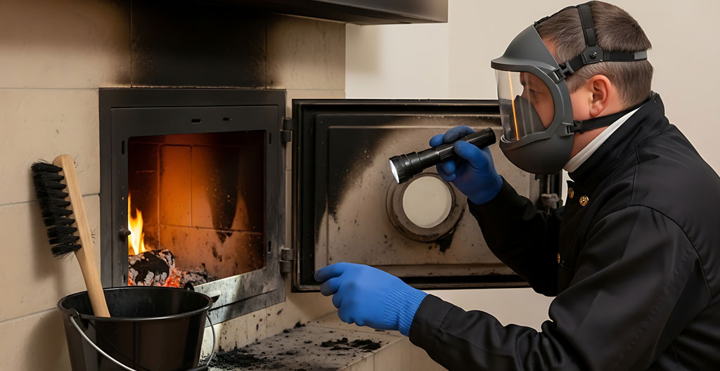 Ramoneur professionnel inspectant un conduit de cheminée avec une lampe torche