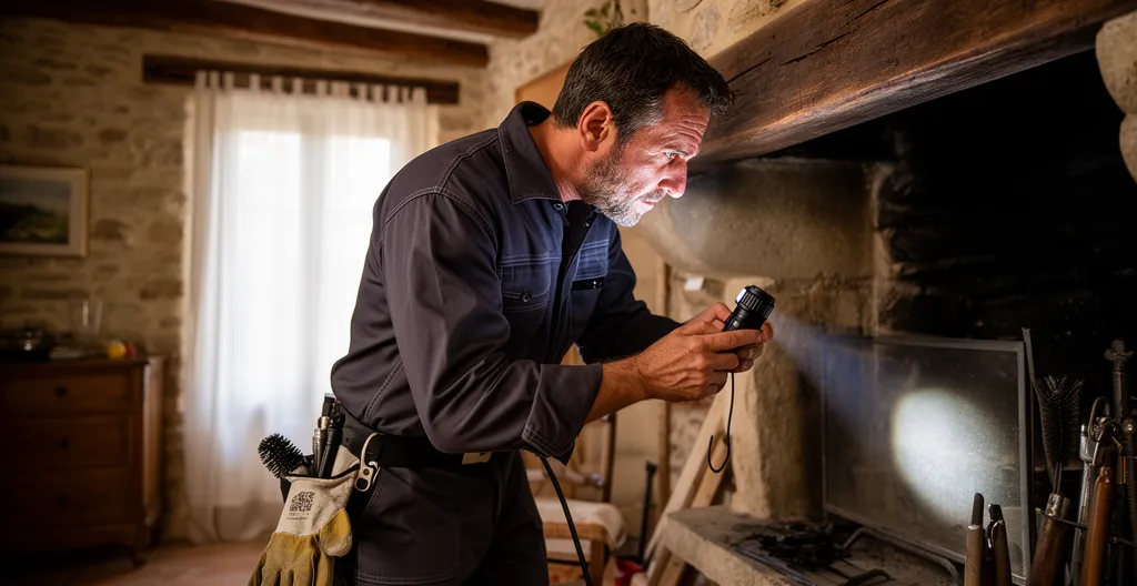 Ramoneur professionnel inspectant un conduit de cheminée avec une lampe torche