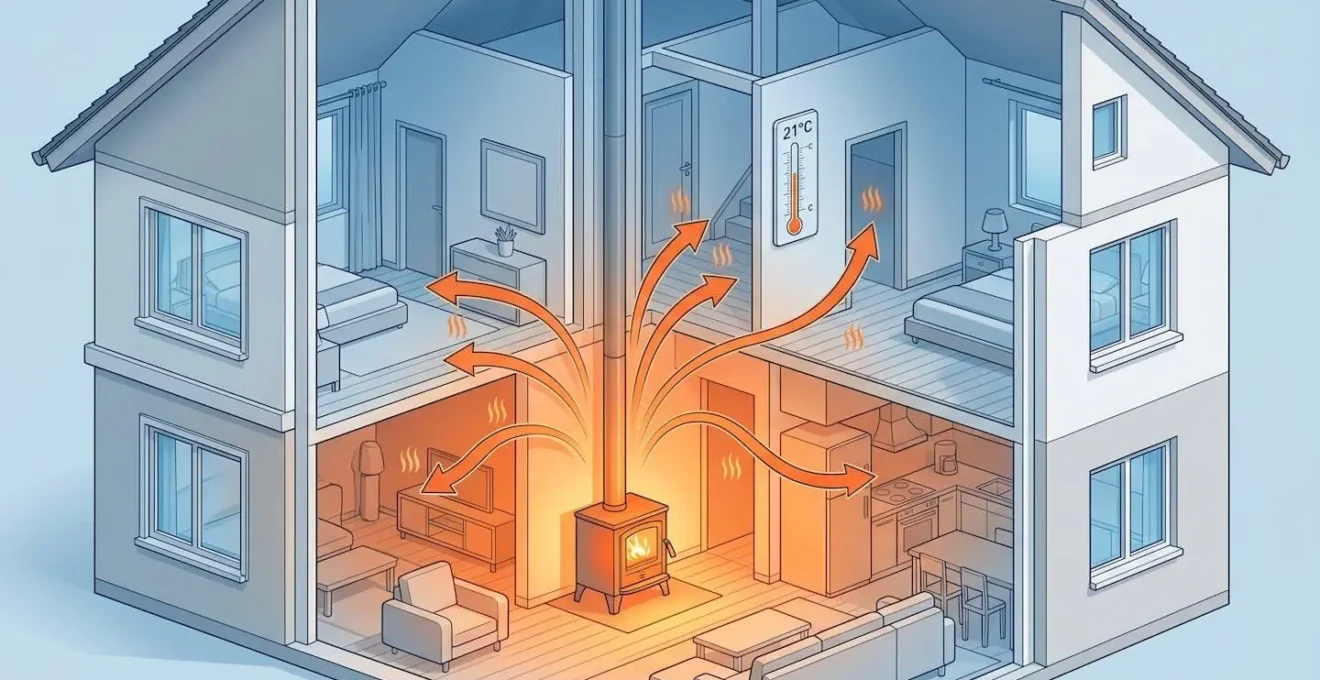 Illustration isométrique d'une maison avec un poêle diffusant la chaleur.
