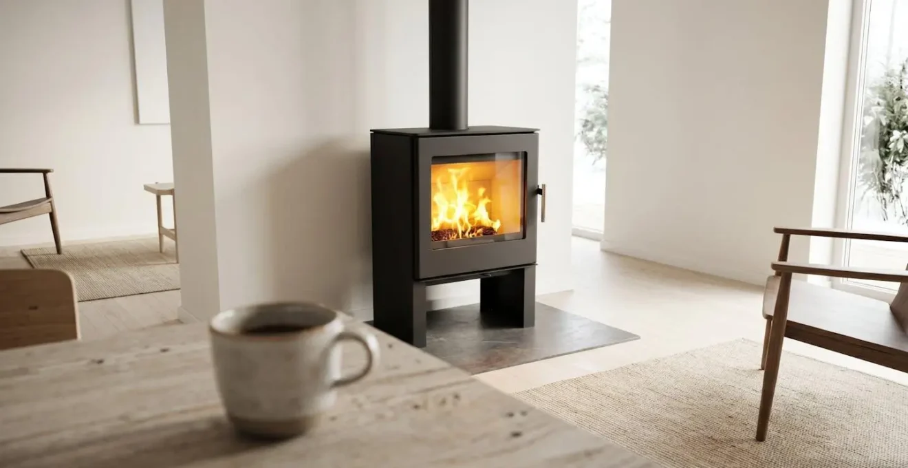 Poêle à bois design dans un salon clair, flamme visible, atmosphère chaleureuse.