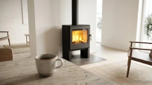 Poêle à bois design dans un salon clair, flamme visible, atmosphère chaleureuse.