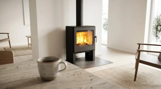 Poêle à bois design dans un salon clair, flamme visible, atmosphère chaleureuse.