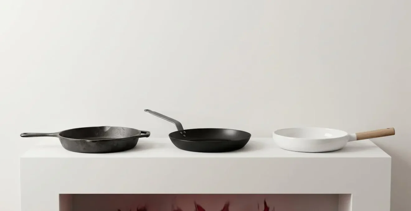 Trois poêles de styles différents exposés (fonte, acier, céramique).